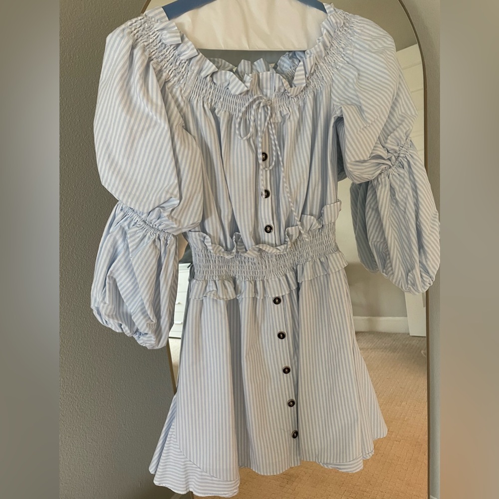 Off the shoulder blue and white striped dress